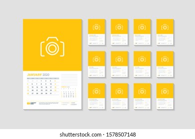 Wall calendar template for 2020 year. Week starts on Sunday. Vector illustration. Set of 12 pages