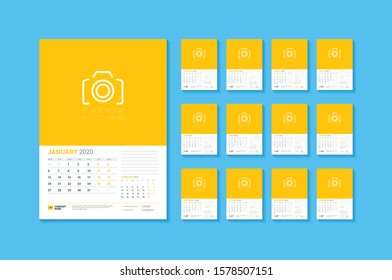 Wall calendar template for 2020 year. Week starts on Monday. Vector illustration. Set of 12 pages