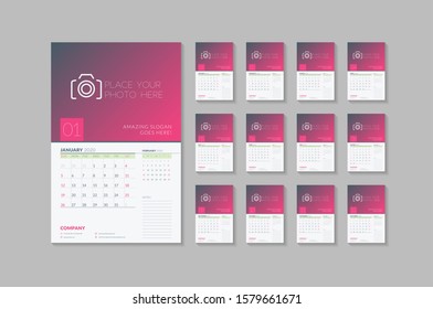 Wall calendar template for 2020 year. Week starts on Sunday. Vector illustration. Set of 12 pages