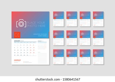 Wall calendar template for 2020 year. Week starts on Monday. Vector illustration. Set of 12 pages