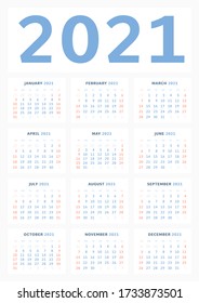 Wall calendar template for 2021 in a classic minimalist style. Week starts on Sunday. Monthly calendar. Business illustration. A1 format vertical. Ready to print. Vector illustration