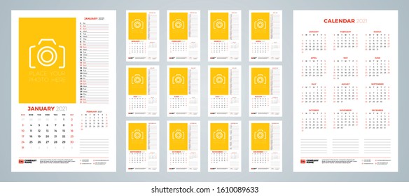 Wall calendar template for 2021 year. 12 pages and calendar poster. Week starts on Sunday. Vector illustration
