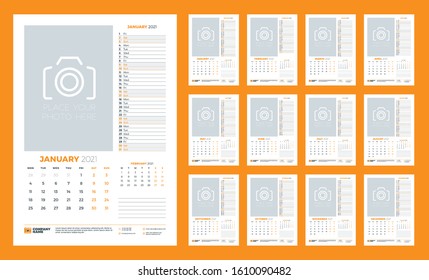 Wall calendar template for 2021 year. 12 pages. Week starts on Monday. Vector illustration