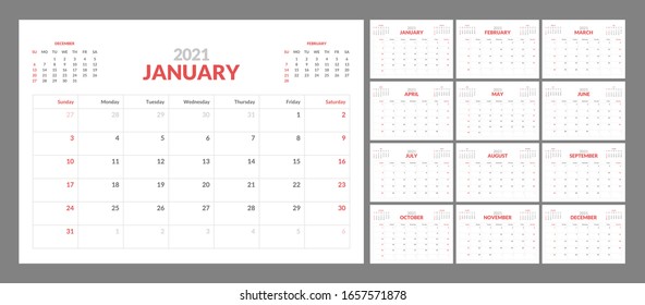 Wall Calendar Template For 2021 Year. Planner Diary In A Minimalist Style. Week Starts On Sunday. Monthly Calendar Ready For Print.