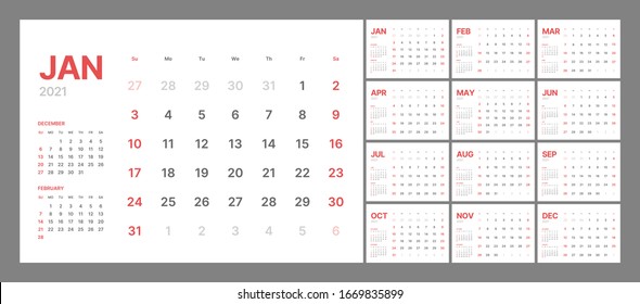 Wall-Kalender-Vorlage für 2021 Jahr. Planer Tagebuch in minimalistischem Stil. Die Woche beginnt am Sonntag. Monatlicher Kalender druckfertig.