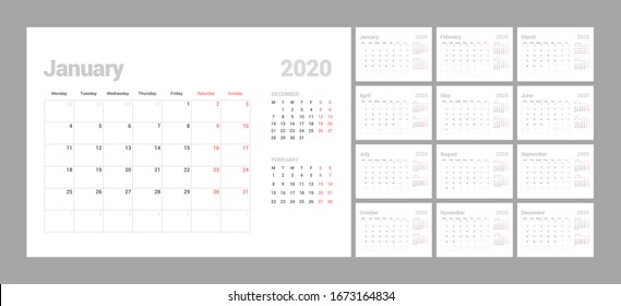 Wall calendar template for 2021 year. Planner diary in a minimalist style. Week Starts on Monday. Set of 12 Months. Ready for print.