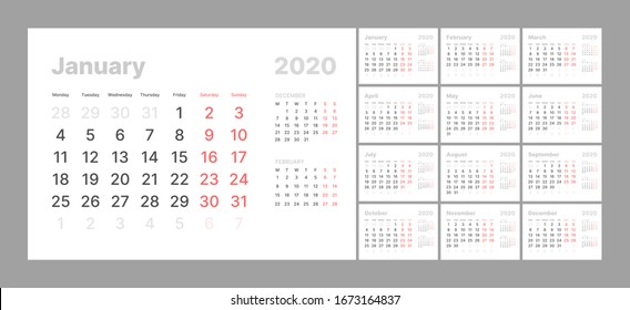 Wall calendar template for 2021 year. Planner diary in a minimalist style. Week Starts on Monday. Set of 12 Months. Ready for print.