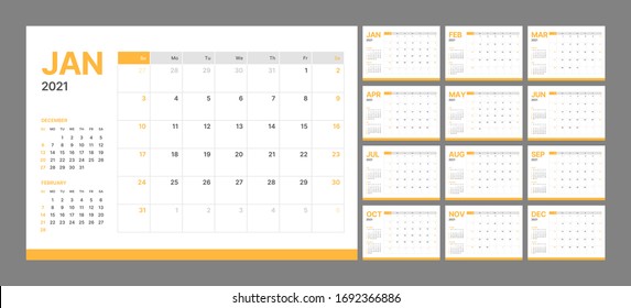 Wall calendar template for 2021 year. Planner diary in a minimalist style. Week Starts on Sunday. Monthly calendar ready for print.