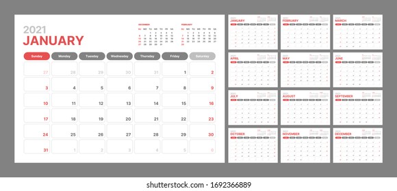 Шаблон настенного календаря на 2021 год. Дневник планировщика в минималистическом стиле. Неделя начинается в воскресенье. Ежемесячный календарь готов к печати.