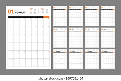 Wall calendar template for 2021 year. Planner diary in a minimalist style. Week Starts on Sunday. Monthly calendar ready for print.