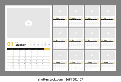 Plantilla del calendario mural para 2021. Planner diary en estilo minimalista con Place for Photo. La semana empieza el domingo. Calendario mensual listo para imprimir.