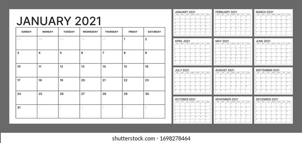 Wall-Kalender-Vorlage für 2021 Jahr. Planer Tagebuch in minimalistischem Stil. Die Woche beginnt am Sonntag. Monatlicher Kalender druckfertig.