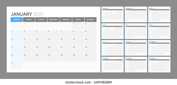 Plantilla del calendario mural para 2021. Diario de planificación de estilo minimalista. La semana empieza el domingo. Calendario mensual listo para imprimir.