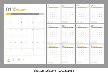 Wall-Kalender-Vorlage für 2021 Jahr. Planer Tagebuch in minimalistischem Stil. Die Woche beginnt am Sonntag. Monatlicher Kalender druckfertig.