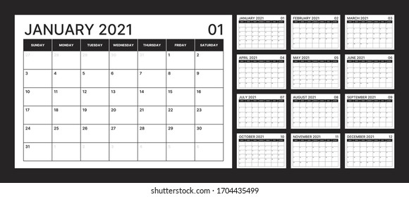 Wall calendar template for 2021 year. Planner diary in a minimalist style. Week Starts on Sunday. Monthly calendar ready for print.