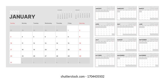 Wall calendar template for 2021 year. Planner diary in a minimalist style. Week Starts on Sunday. Monthly calendar ready for print.