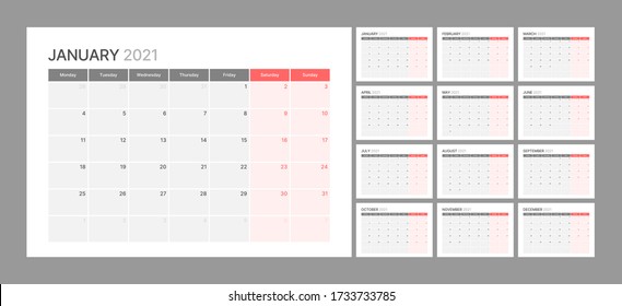 Wall calendar template for 2021 year. Planner diary in a minimalist style. Week Starts on Monday. Set of 12 Months. Ready for print.