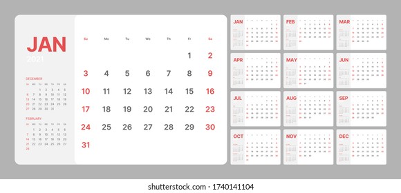 Wall calendar template for 2021 year. Planner diary in a minimalist style. Week Starts on Sunday. Monthly calendar ready for print.