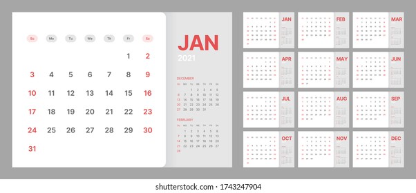 Wall calendar template for 2021 year. Planner diary in a minimalist style. Week Starts on Sunday. Monthly calendar ready for print.