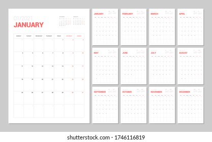 Wall calendar template for 2021 year. Planner diary in a minimalist style. Week Starts on Monday. Monthly calendar ready for print.