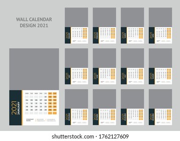 Wall Calendar template for 2021 year. Business planner. Stationery design. Week starts on Monday. Vector illustration
