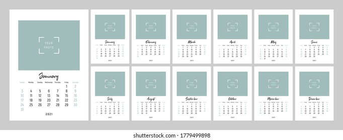 Wall calendar template for 2021 year. Set of 12 months. 2021. Week starts on Sunday. Concept, vector editable calender page template for photo. Planner design. Vertical.