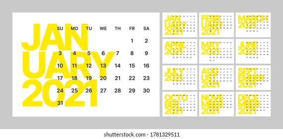 Wall calendar template for 2021 year. Planner diary in a minimalist style. Week Starts on Sunday. Monthly calendar ready for print.