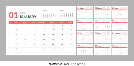 Wall calendar template for 2021 year. Planner diary in a minimalist style. Week Starts on Sunday. Monthly calendar ready for print.