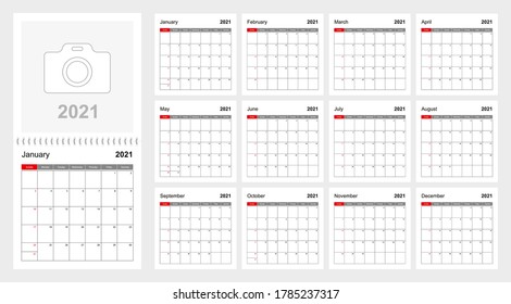 Wall calendar template for 2021 year. Holiday and event planner, week starts on Sunday. Size 12x12 inch. Vector template. svg