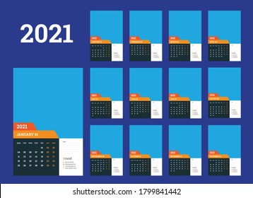 Wall calendar template for 2021 year. Week starts on Monday.