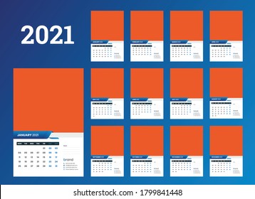 Wall calendar template for 2021 year. Week starts on Monday.