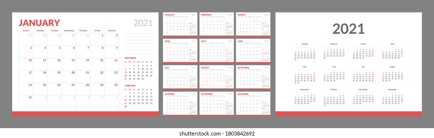 Wall Calendar Template For 2021 Year. Planner Diary In A Minimalist Style. Week Starts On Sunday. Monthly Calendar Ready For Print.