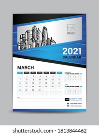 Wall-Kalender-Vorlage für 2021 Jahr, März-Monatslayout, Desk-Kalender-Design, Vektorgrafik
