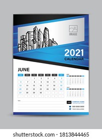 Plantilla del calendario de paredes para 2021 año, disposición del mes de junio, ilustración vectorial del diseño del calendario de escritorio
