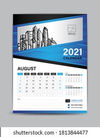 Wall calendar template for 2021 year, August month layout, Desk calendar design vector illustration