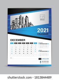 Wall calendar template for 2021 year, December month layout, Desk calendar design vector illustration