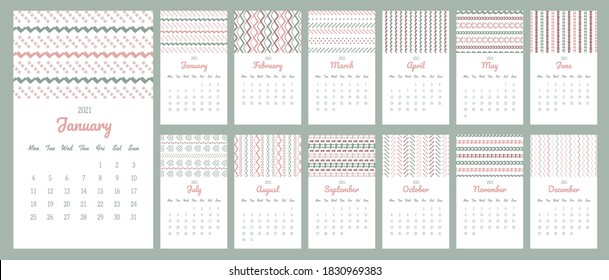 Wall Calendar template of 2021 year. Event planner decorated with stripy patterns. Cute design with calligraphy fonts and muted pastel colors. Week starts on Monday