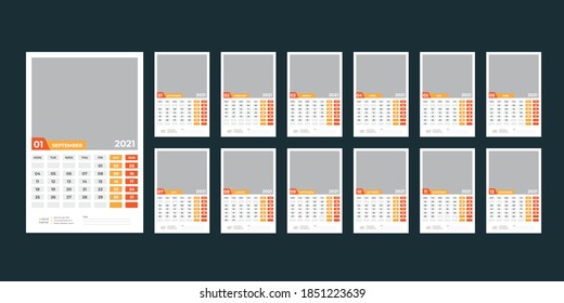 Wall Calendar template for 2021 year. Business planner. Stationery design. Week starts on Monday. Vector illustration