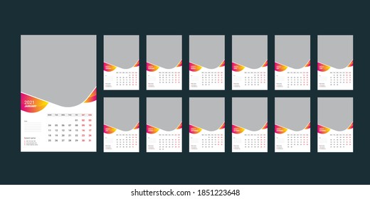 Wall Calendar template for 2021 year. Business planner. Stationery design. Week starts on Monday. Vector illustration