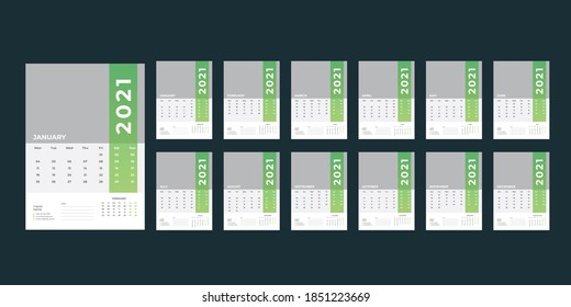 Wall Calendar template for 2021 year. Business planner. Stationery design. Week starts on Monday. Vector illustration
