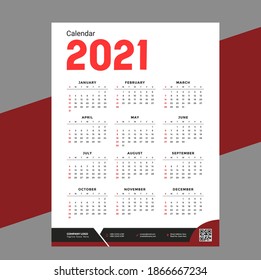 Wall calendar template for 2021 year. Planner diary. Week Starts on Sunday. Monthly calendar ready for print. Basic vector set. Design template