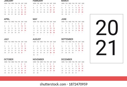 Wall calendar template for 2021 year. Planner diary in a minimalist style. Monthly calendar ready for print.