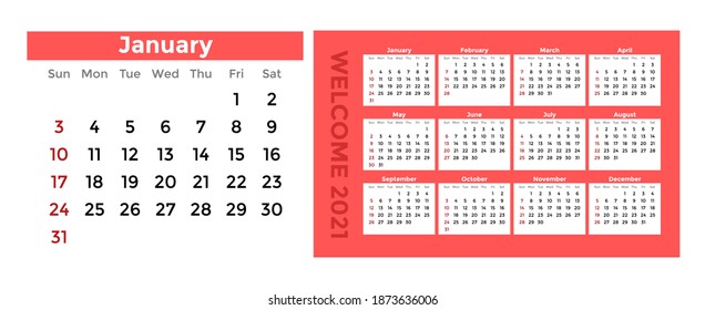 Plantilla del calendario de paredes para 2021 año. Limpio y minimalista. Empieza el domingo.