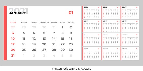 Wall calendar template for 2021 year. Planner diary in a minimalist style. Monthly calendar ready for print.