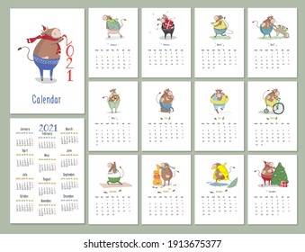 Wall calendar template for 2021 year.Calendar or planner with a cute bull isolated on white. Vertical format.12 monthly pages with vector illustrations of ox. Week starts on Montag.Ready for print.