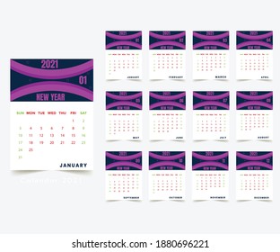 Wall-Kalender-Vorlage für 2021 Jahr. Einfaches Kalenderlayout für 2021 Jahre. Satz von 12 Monaten.