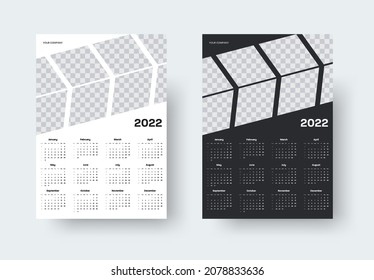 Plantilla de calendario de pared para 2022 con numeración de semana, con flechas para una foto, en un fondo blanco y negro. Diseño de un planificador de oficina de 12 meses, diseño de página imprimible. Ilustración de vectores, cubierta corporativa