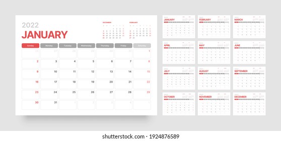 Wall calendar template for 2022 year. Planner diary in a minimalist style. Week Starts on Sunday. Monthly calendar ready for print.