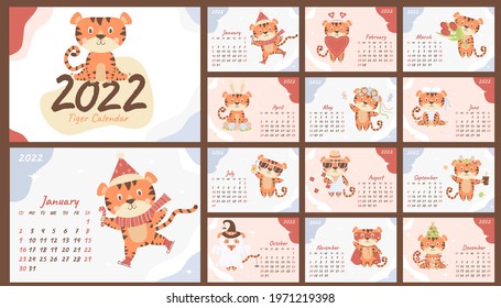 Wall calendar template for 2022. Year of Tiger in Chinese or Eastern calendar. set of 12 pages and cover with cute striped tiger. Vector illustration. Stationery, design, print and decor