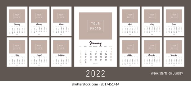 Wall calendar template for 2022 year. Set of 12 months. 2022. Week starts on Sunday. Concept, vector editable calender page template for photo. Planner design. Vertical.